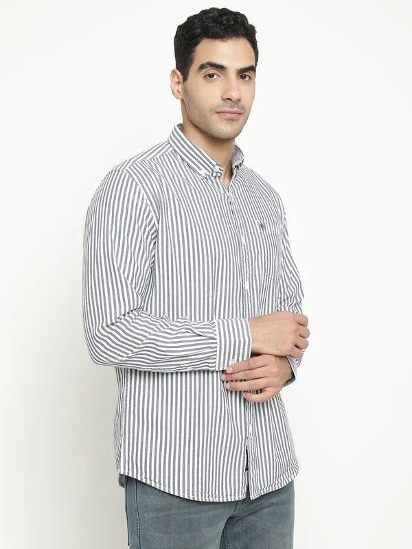 Mettle Men Navy Blue Opaque Striped Casual Shirt