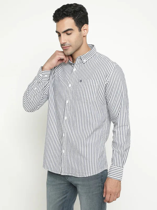 Mettle Men Navy Blue Opaque Striped Casual Shirt