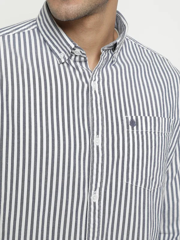 Mettle Men Navy Blue Opaque Striped Casual Shirt