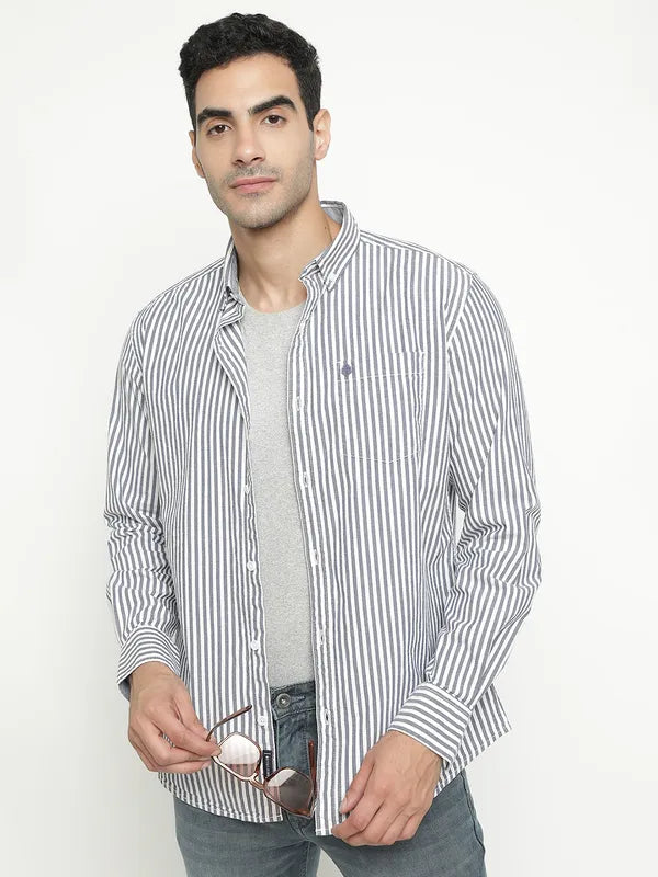 Mettle Men Navy Blue Opaque Striped Casual Shirt