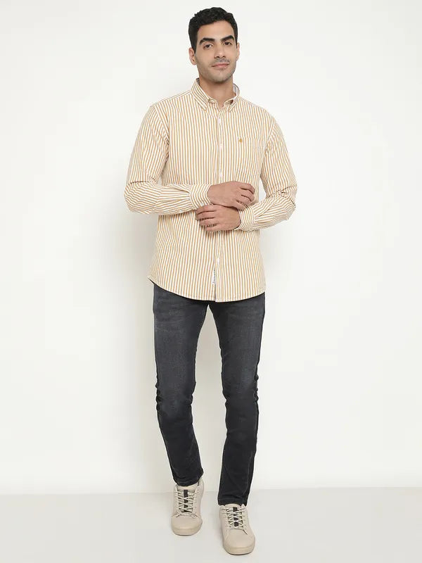 Mettle Men Brown Opaque Striped Casual Shirt