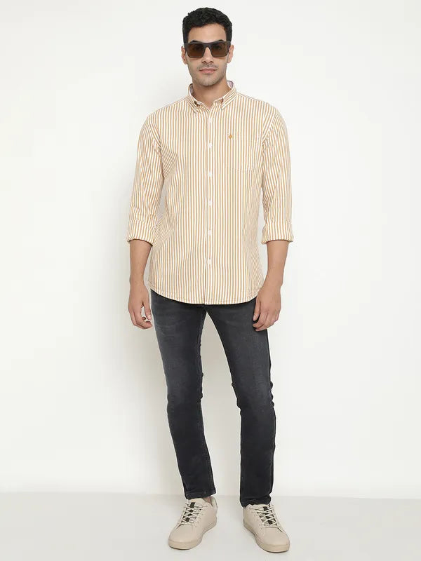 Mettle Men Brown Opaque Striped Casual Shirt