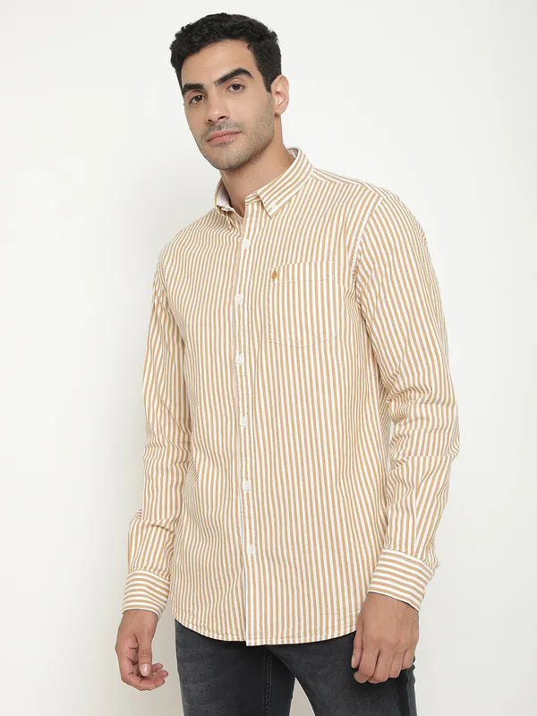 Mettle Men Brown Opaque Striped Casual Shirt