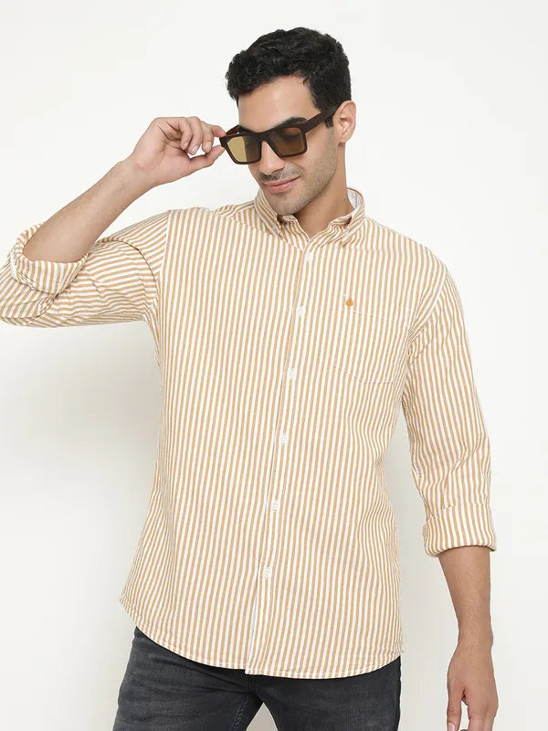 Mettle Men Brown Opaque Striped Casual Shirt