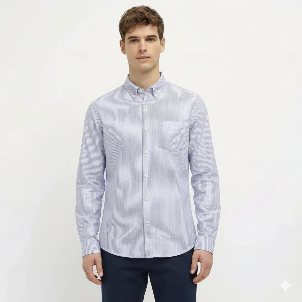 Men Navy Striped Casual Shirt