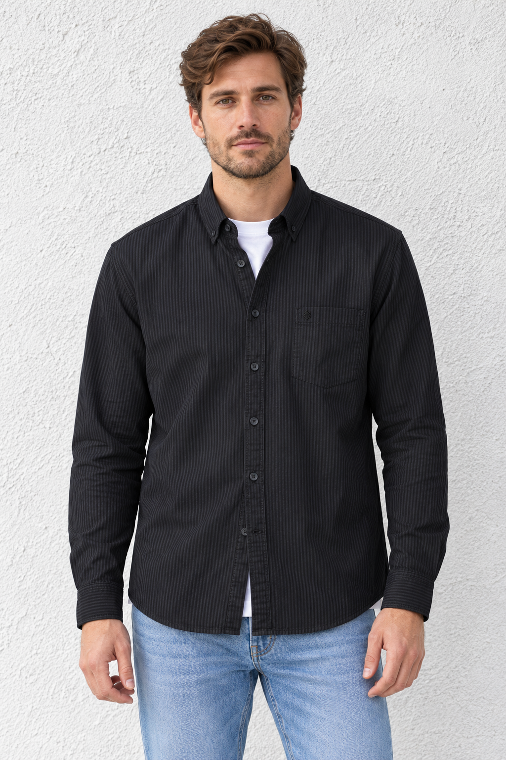 Men's Black Oxford Shirt with Subtle Stripes | Full Sleeves and Button-Down Collar