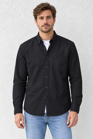 Men's Black Oxford Shirt with Subtle Stripes | Full Sleeves and Button-Down Collar