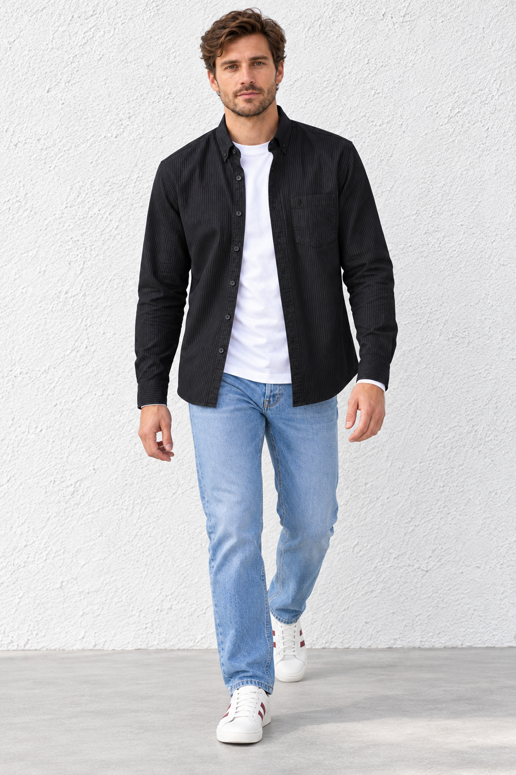 Men's Black Oxford Shirt with Subtle Stripes | Full Sleeves and Button-Down Collar