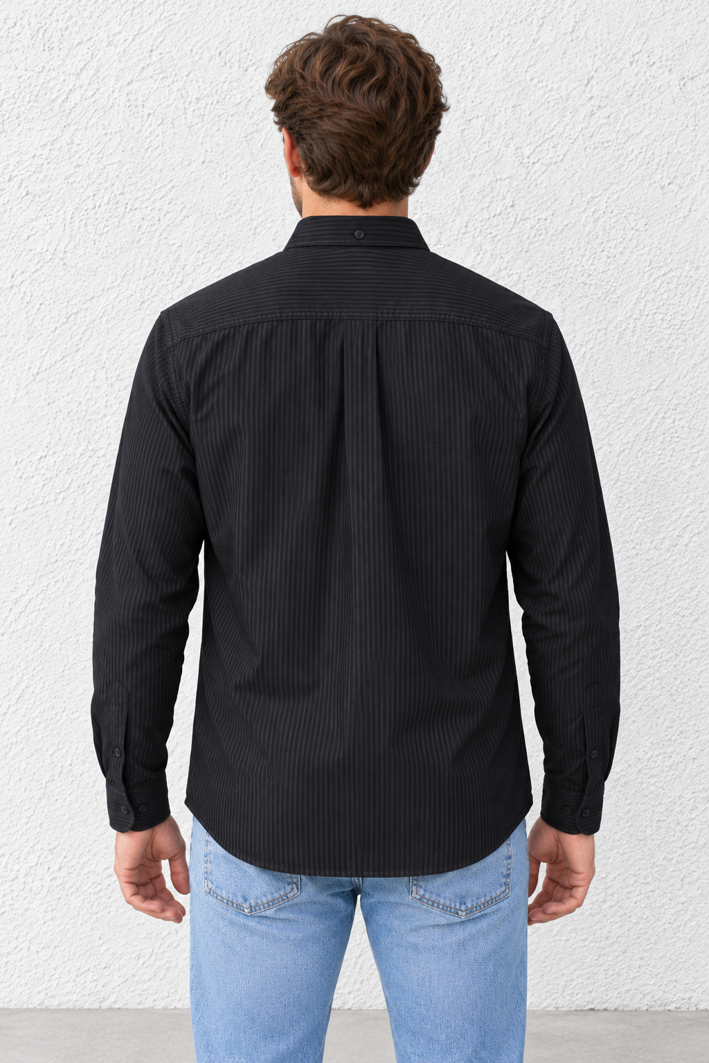 Men's Black Oxford Shirt with Subtle Stripes | Full Sleeves and Button-Down Collar