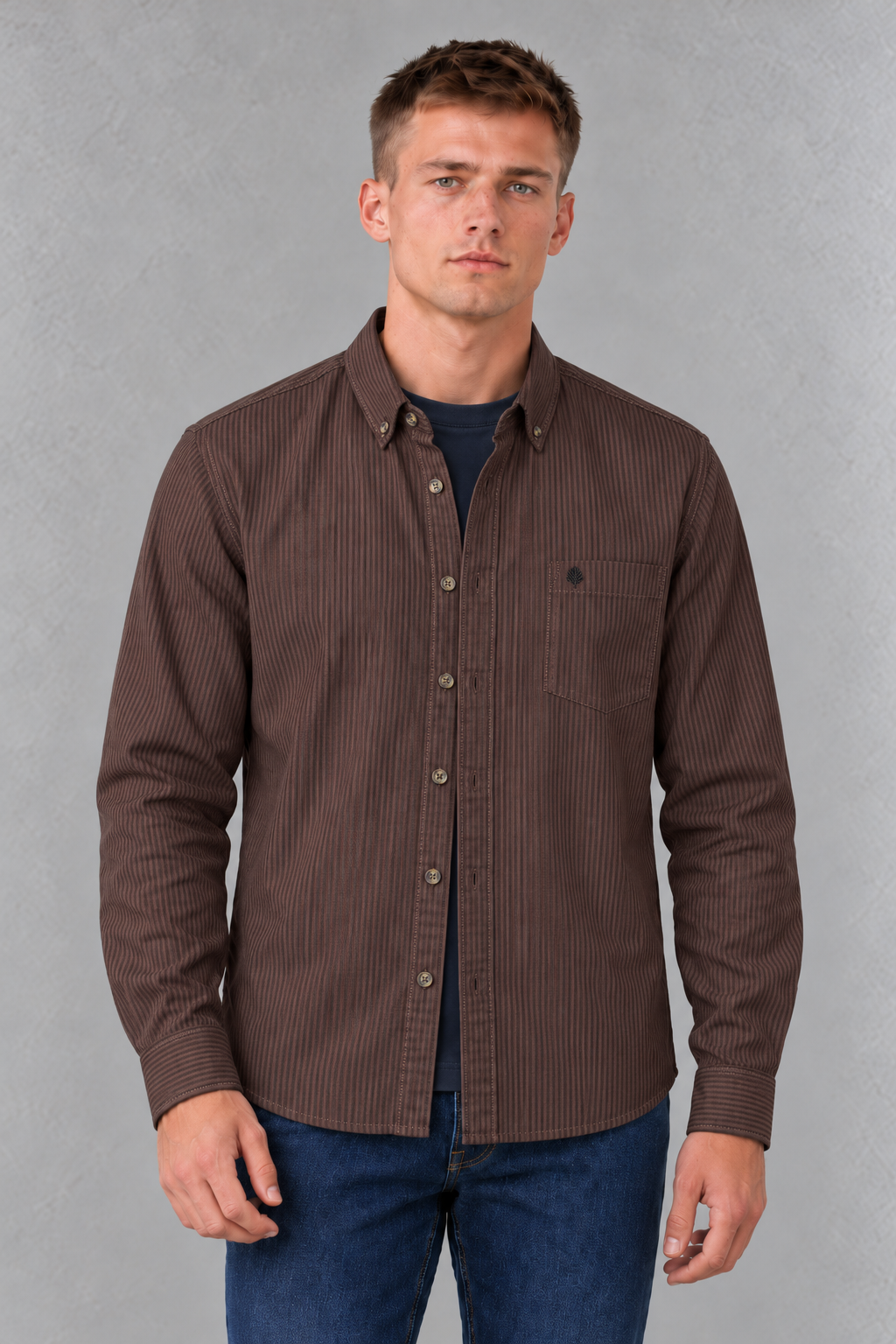 Men's Regular Fit Oxford Striped Full Sleeve Shirt with Button-Down Collar and Chest Pocket – Espresso