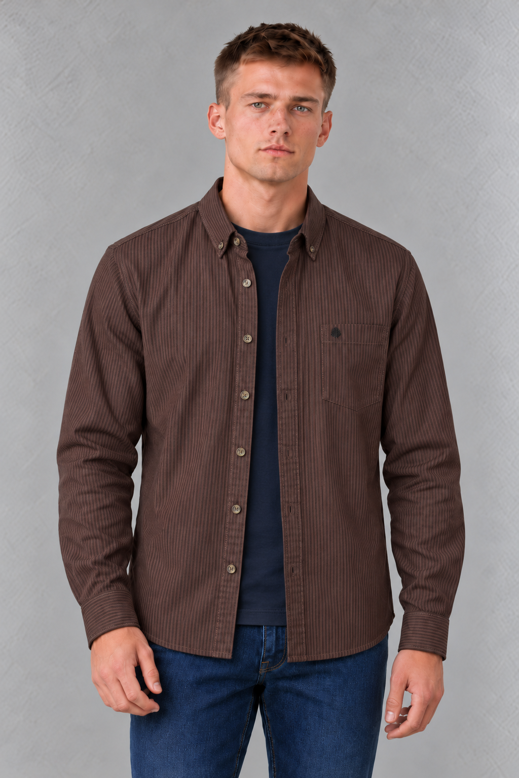 Men's Regular Fit Oxford Striped Full Sleeve Shirt with Button-Down Collar and Chest Pocket – Espresso
