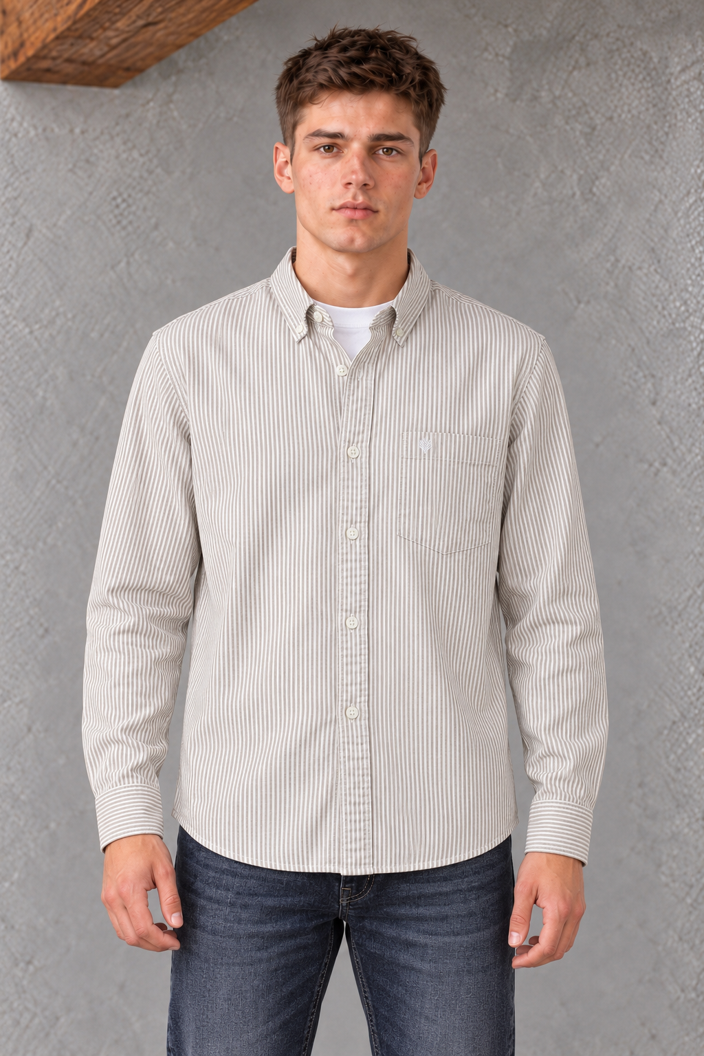 Men's Regular Fit Oxford Vertical Striped Full Sleeve Shirt with Button-Down Collar and Chest Pocket – Natural