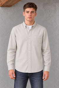 Men's Regular Fit Oxford Vertical Striped Full Sleeve Shirt with Button-Down Collar and Chest Pocket – Natural