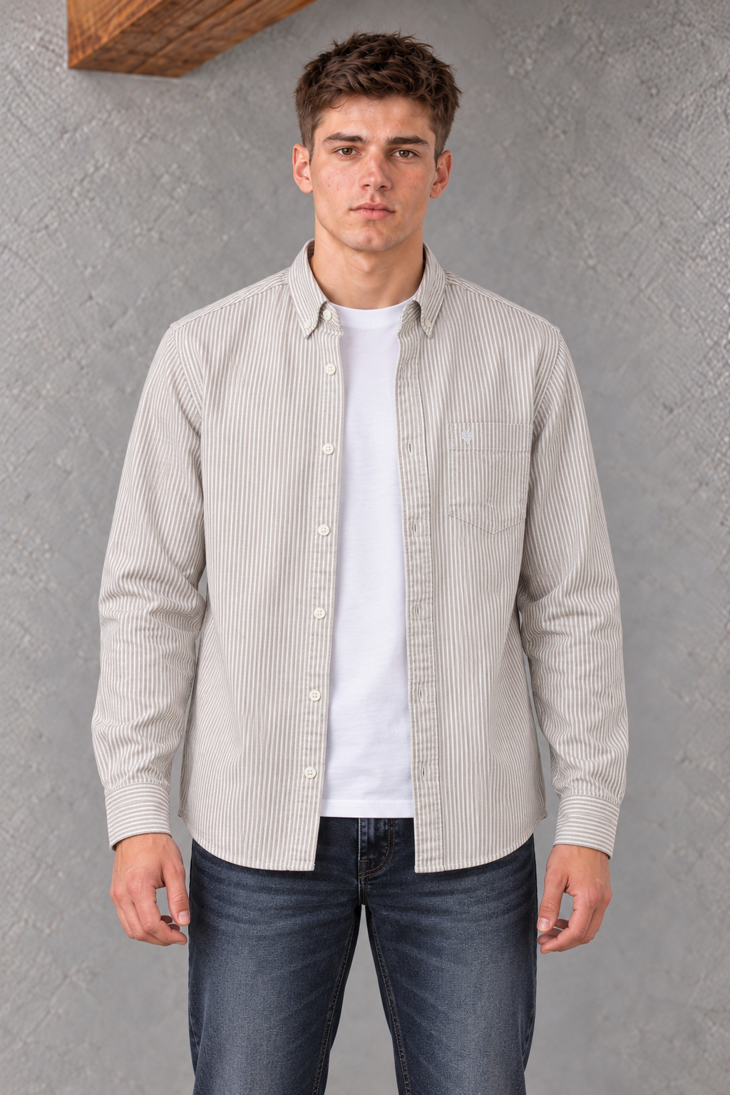 Men's Regular Fit Oxford Vertical Striped Full Sleeve Shirt with Button-Down Collar and Chest Pocket – Natural
