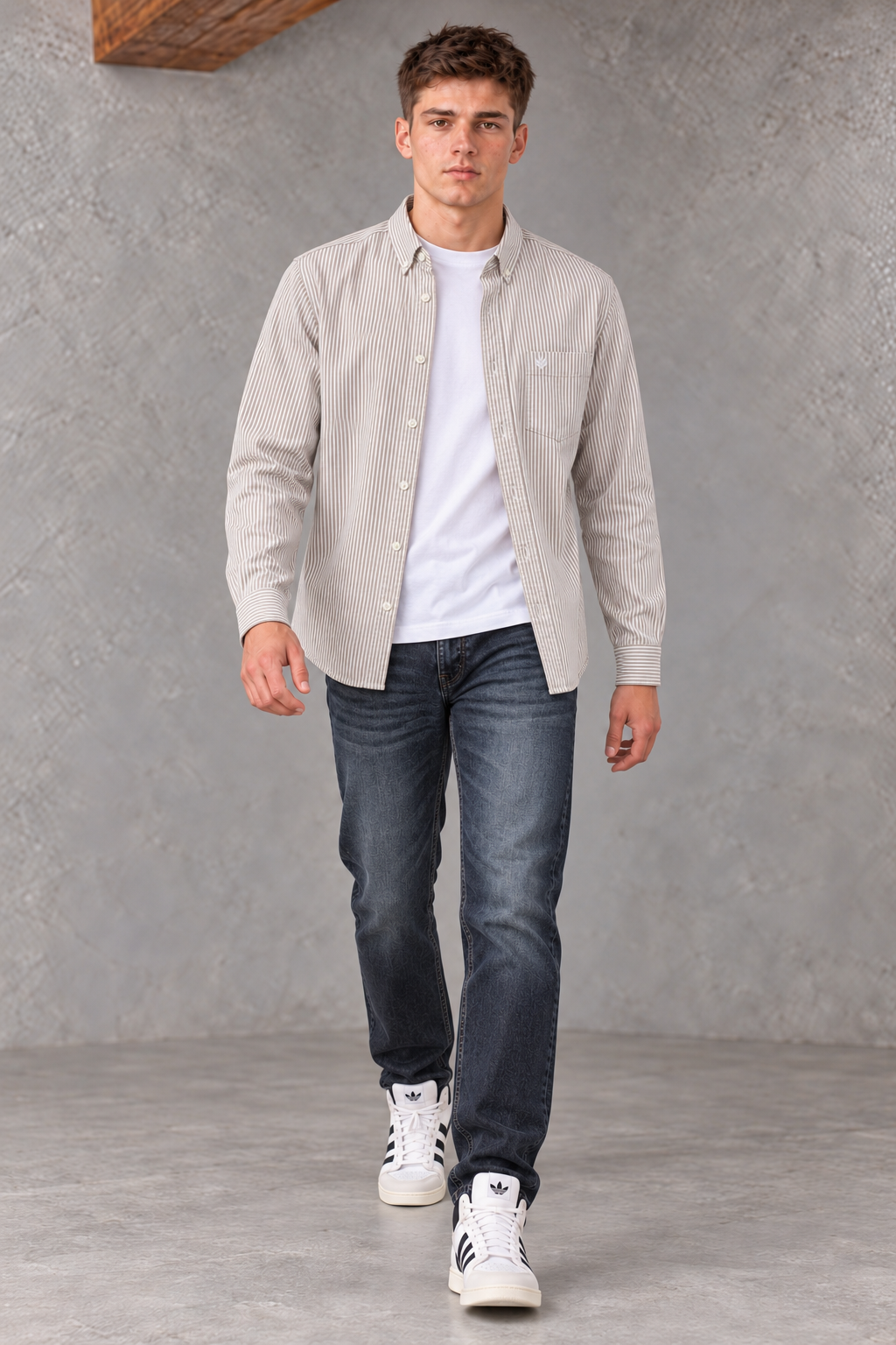 Men's Regular Fit Oxford Vertical Striped Full Sleeve Shirt with Button-Down Collar and Chest Pocket – Natural