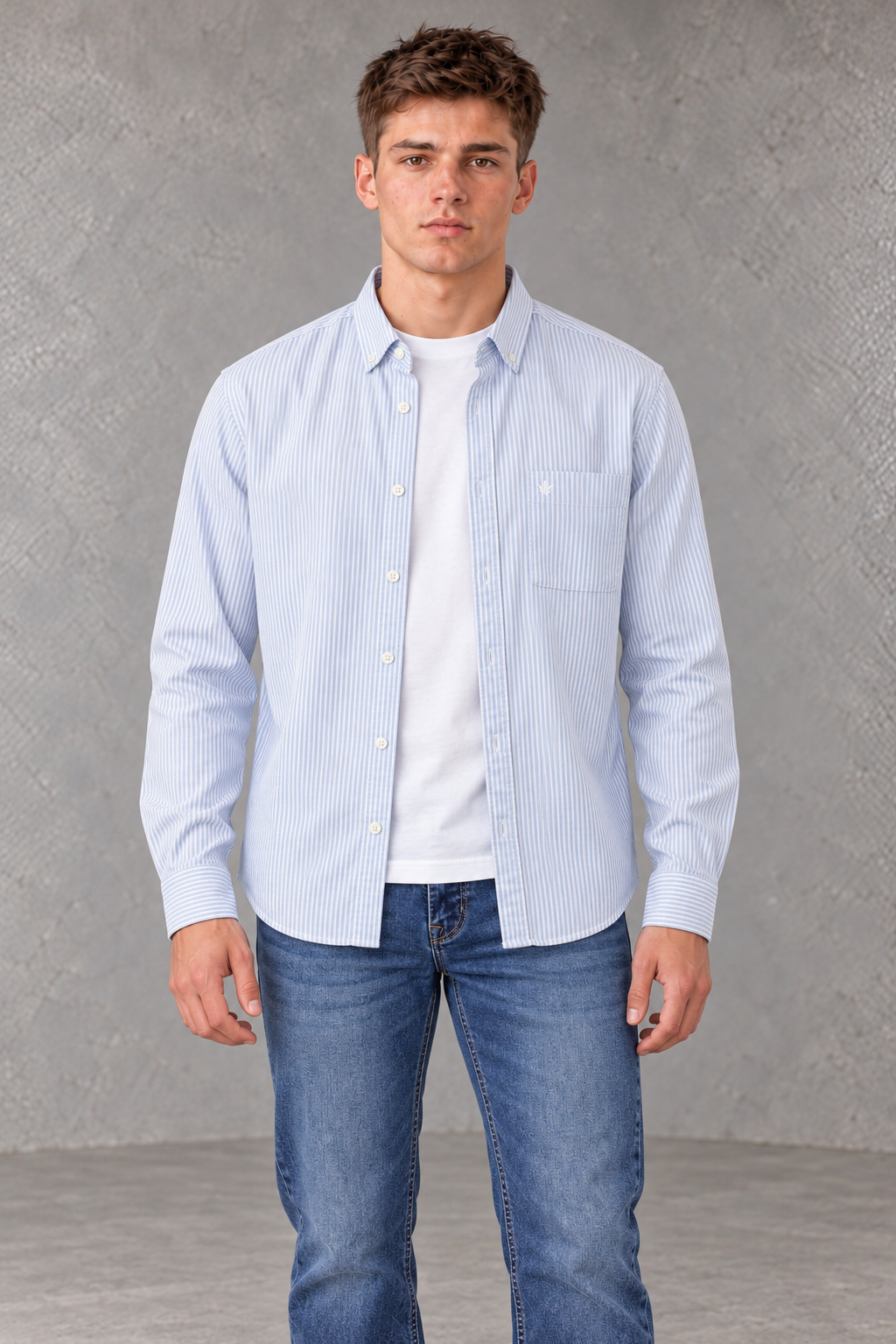 Men's Regular Fit Oxford Vertical Striped Full Sleeve Shirt with Button-Down Collar and Chest Pocket – Sky