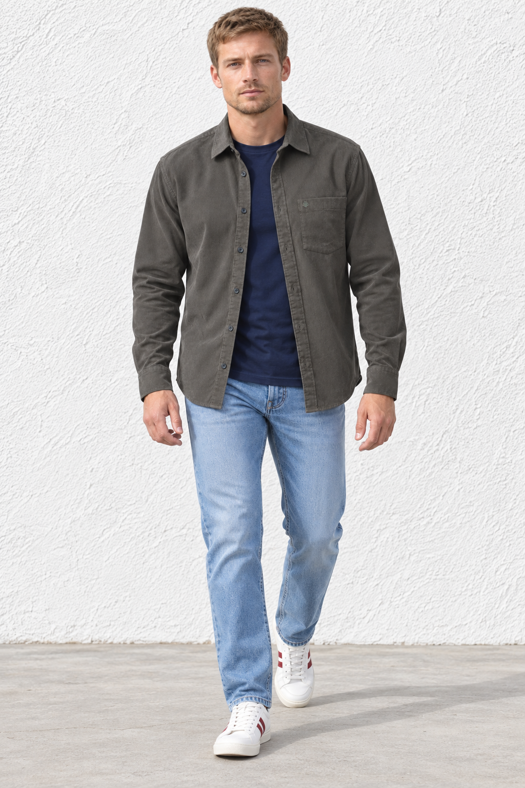 Men's Olive Corduroy Shirt with Full Sleeves, Spread Collar and Chest Pocket
