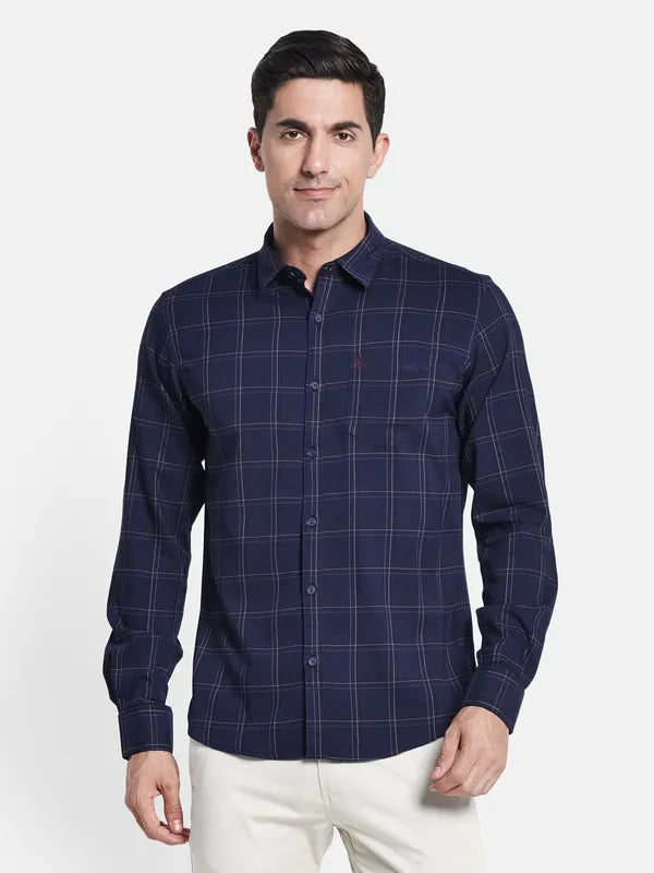 Men Navy Blue Checked Casual Shirt