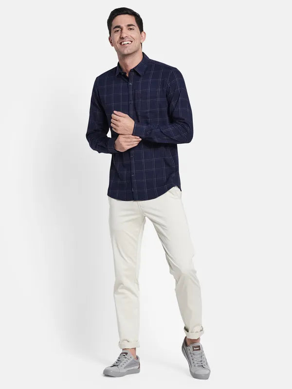 Men Navy Blue Checked Casual Shirt