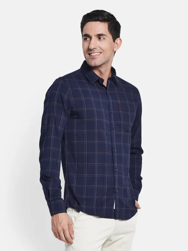 Men Navy Blue Checked Casual Shirt