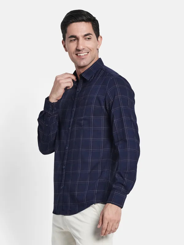 Men Navy Blue Checked Casual Shirt