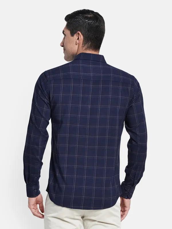 Men Navy Blue Checked Casual Shirt