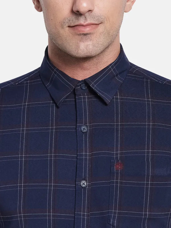 Men Navy Blue Checked Casual Shirt