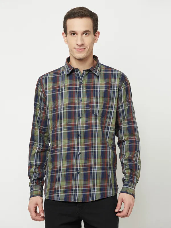 Mettle Men Olive Green Tartan Checks Checked Casual Shirt