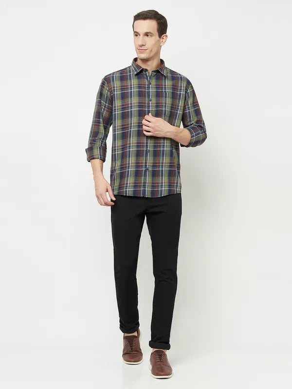 Mettle Men Olive Green Tartan Checks Checked Casual Shirt