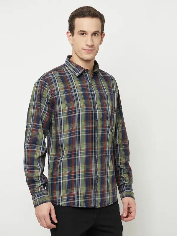 Mettle Men Olive Green Tartan Checks Checked Casual Shirt