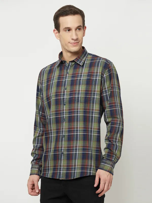 Mettle Men Olive Green Tartan Checks Checked Casual Shirt