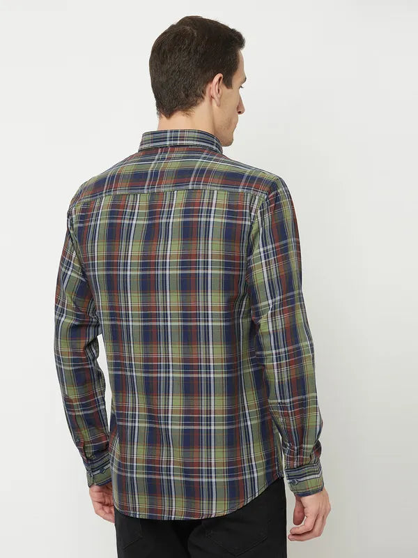 Mettle Men Olive Green Tartan Checks Checked Casual Shirt