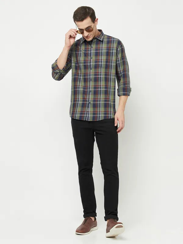 Mettle Men Olive Green Tartan Checks Checked Casual Shirt