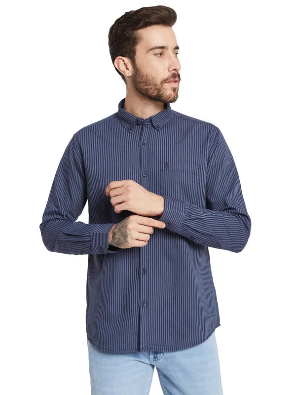 Mettle Striped Spread Collar Curved Cotton Casual Shirt