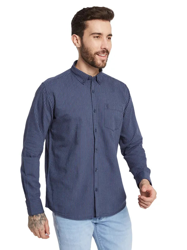 Mettle Striped Spread Collar Curved Cotton Casual Shirt