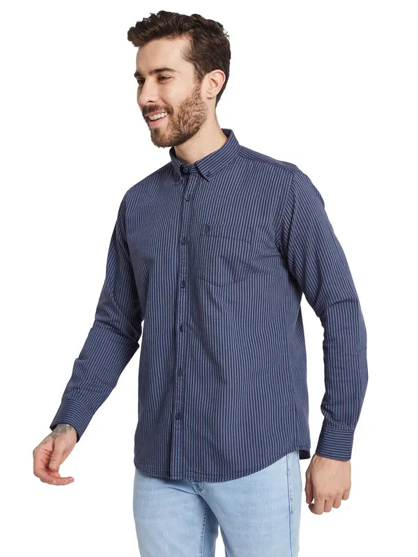 Mettle Striped Spread Collar Curved Cotton Casual Shirt