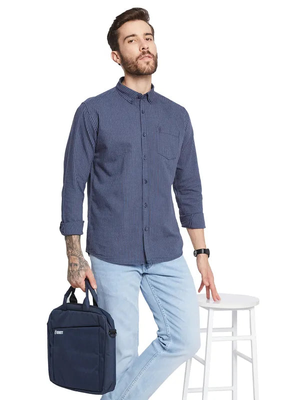 Mettle Striped Spread Collar Curved Cotton Casual Shirt