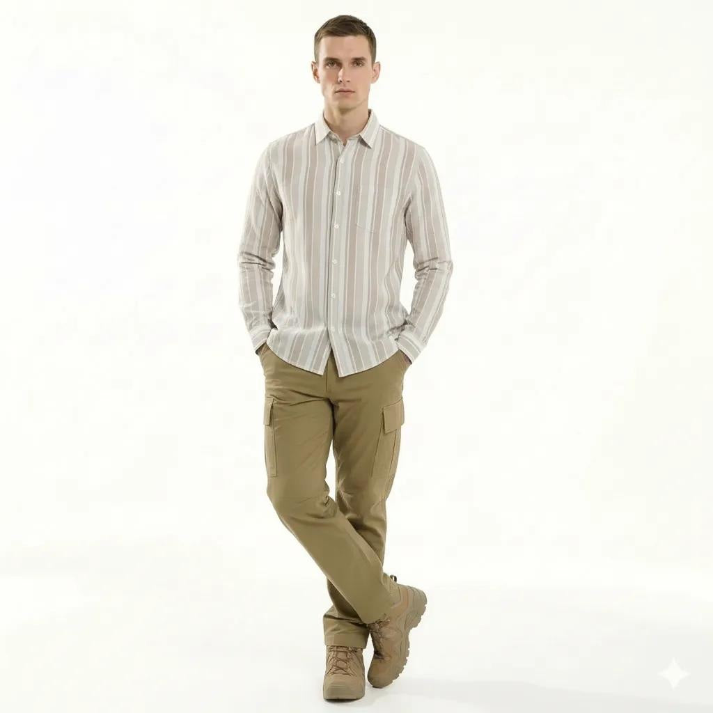 Men Natural Striped Polo Neck Shirt