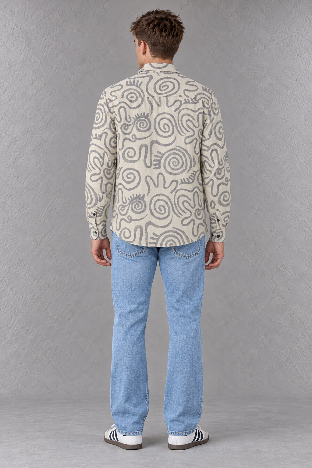 Men’s Off-White Abstract Print Regular Fit Cotton Slub Shirt