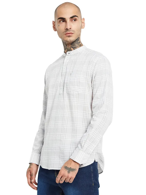 Mettle Mandarin Collar Checked Cotton Casual Shirt