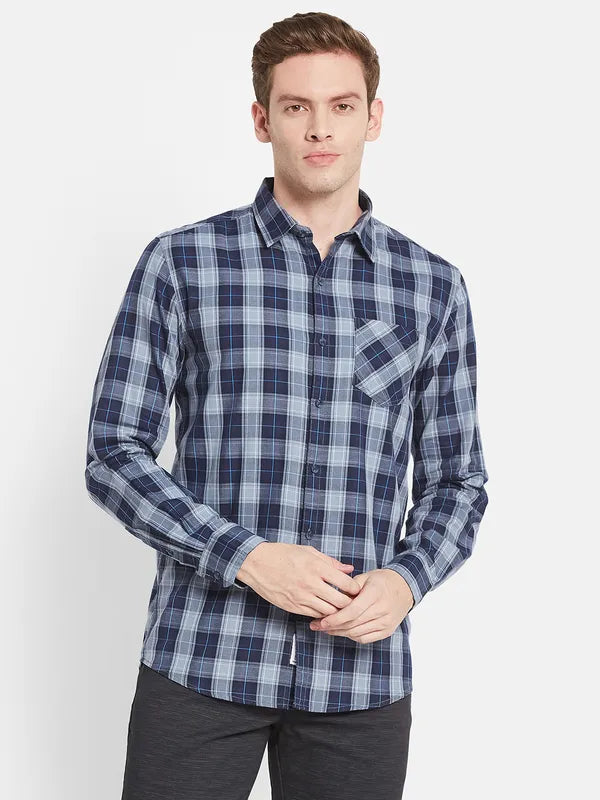 Men Navy Blue Checked Casual Shirt