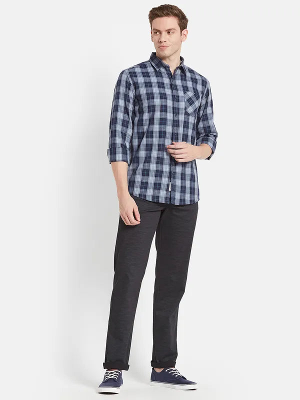 Men Navy Blue Checked Casual Shirt