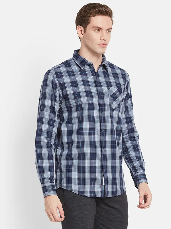 Men Navy Blue Checked Casual Shirt