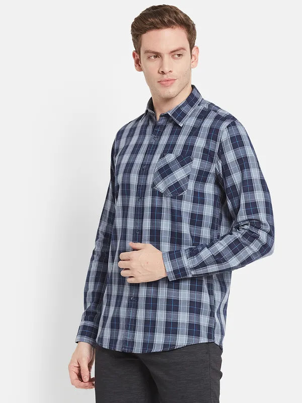 Men Navy Blue Checked Casual Shirt