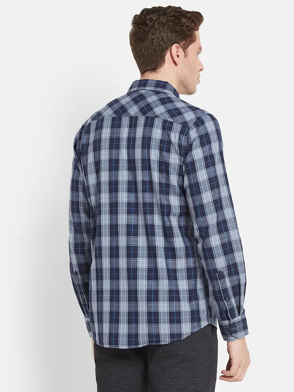 Men Navy Blue Checked Casual Shirt