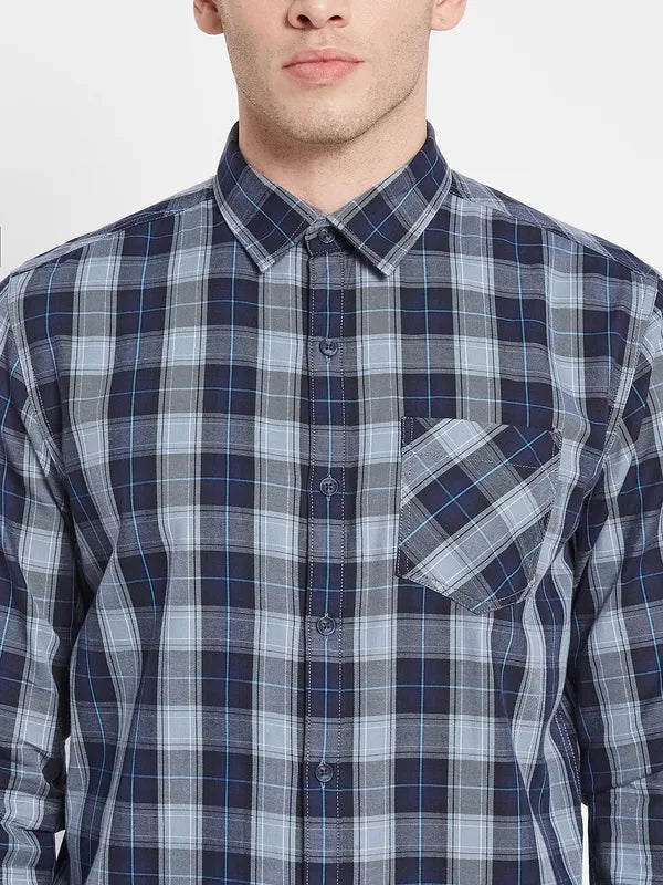 Men Navy Blue Checked Casual Shirt