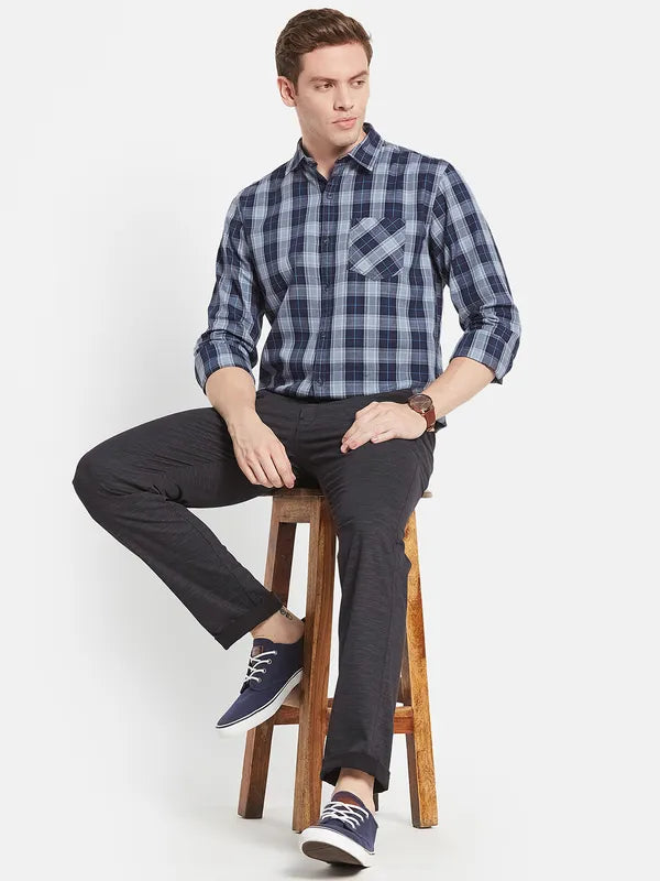 Men Navy Blue Checked Casual Shirt