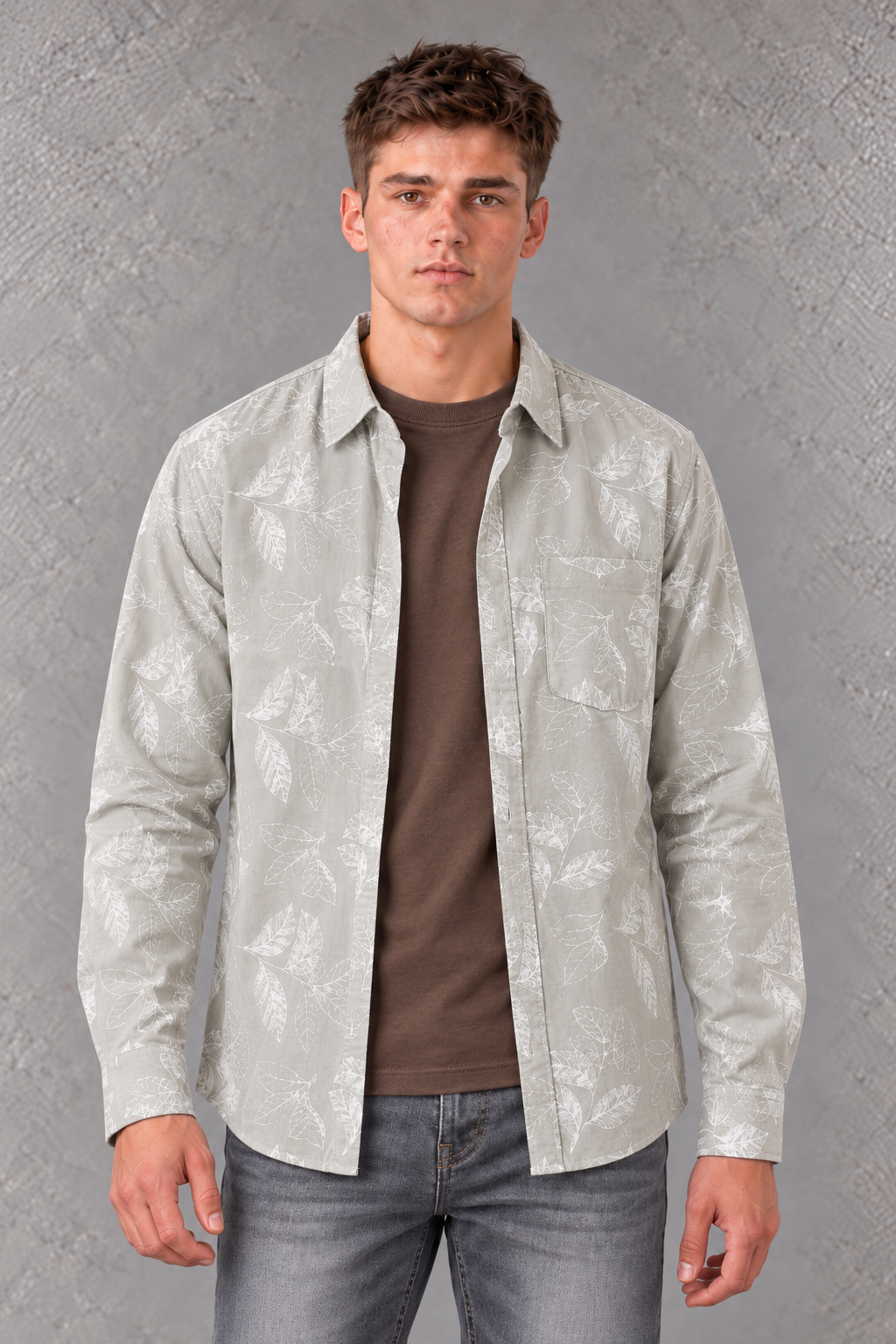 Men’s Onyx Leaf Print Regular Fit Cotton Slub Shirt