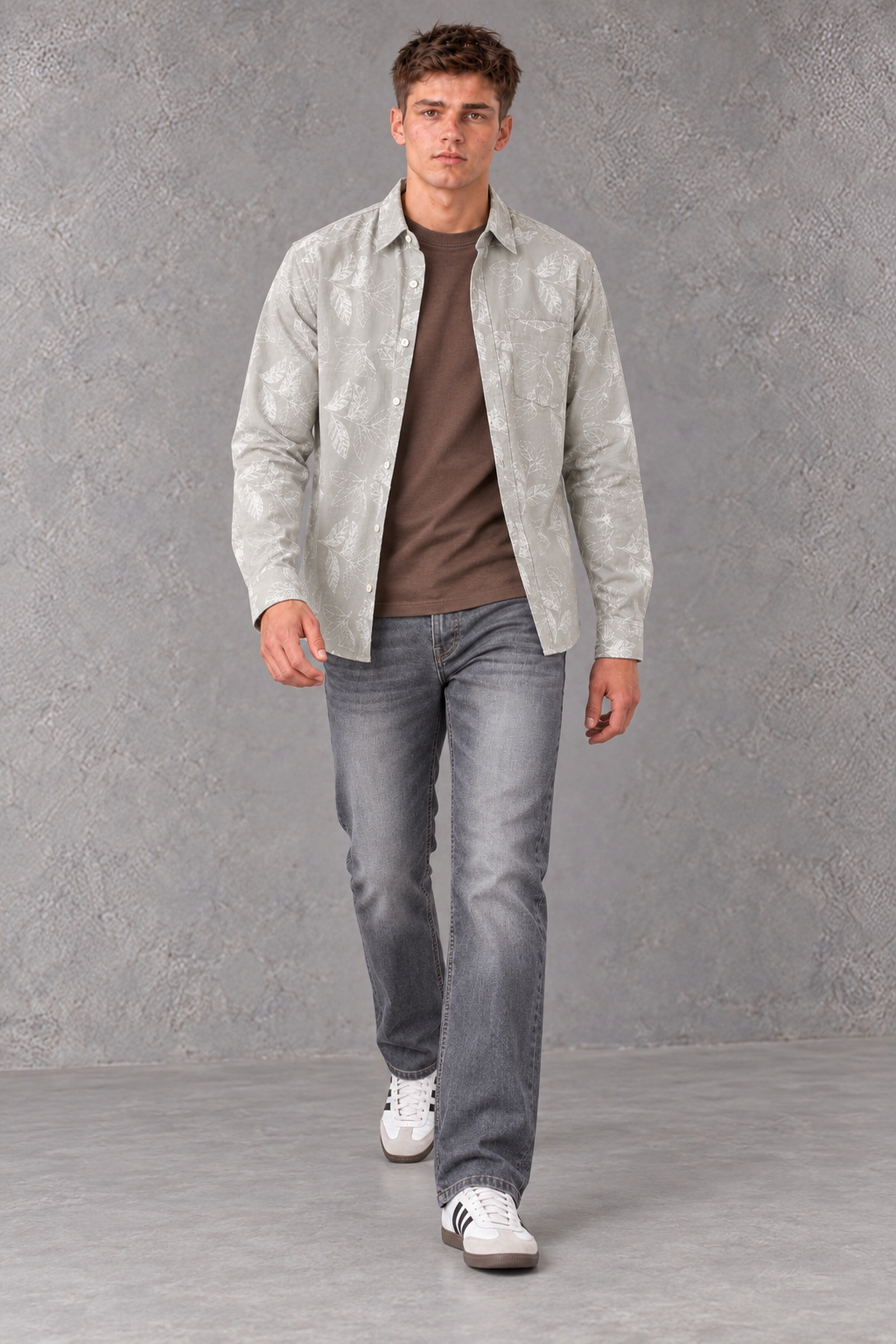 Men’s Onyx Leaf Print Regular Fit Cotton Slub Shirt
