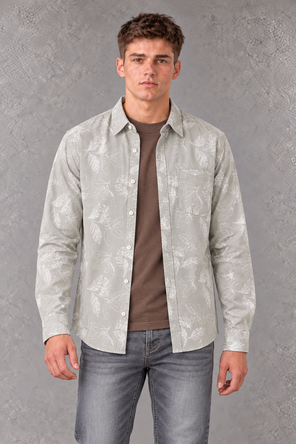 Men’s Onyx Leaf Print Regular Fit Cotton Slub Shirt